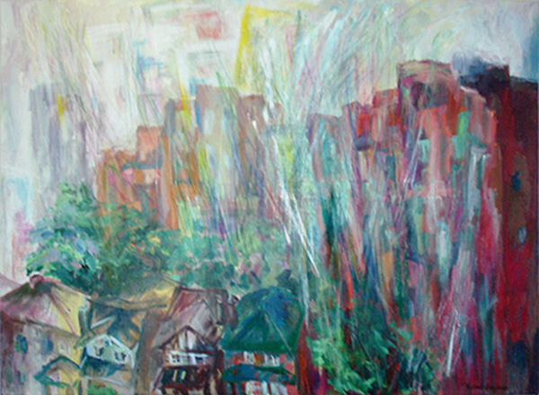 Midtown Toronto. Rainy Day<br>2010. 40″x30″. Acrylic & oil pastel on canvas<br>In private collection
