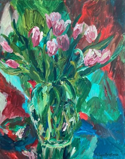 Pink Tulips in a Glass Vase. A Variation<br>2022. 16&Prime;x20&Prime;. Acrylic on canvas