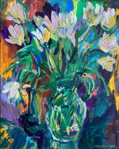 Winter Tulips<br>2024. 16&Prime;x20&Prime;. Acrylic on canvas
