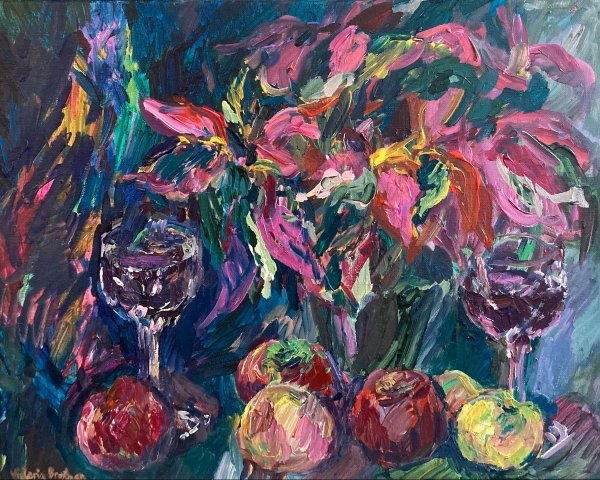 Still Life with Apples, Poinsettia, and Two Glasses of Wine<br>2026. 20&Prime;x16&Prime;. Acrylic on canvas