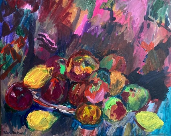Still Life with Apples and Lemons<br>2026. 20&Prime;x16&Prime;. Acrylic on canvas
