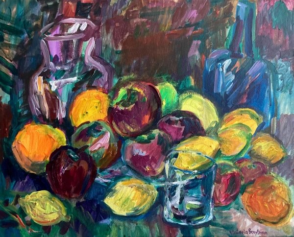 Still Life with Fruit and Glass<br>2026. 20&Prime;x16&Prime;. Acrylic on canvas