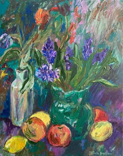 Still Life with Hyacinths and Fruit<br>2026. 16&Prime;x20&Prime;. Acrylic on canvas