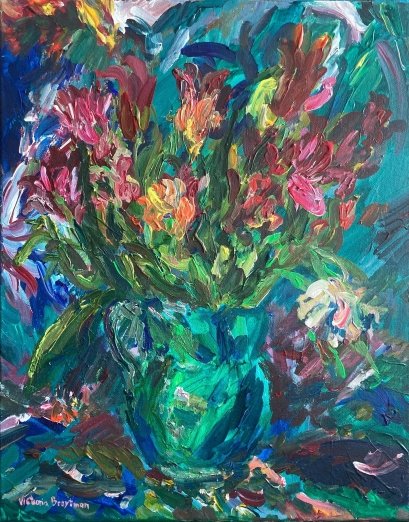 Tulips in a Green Vase<br>2026. 16&Prime;x20&Prime;. Acrylic on canvas