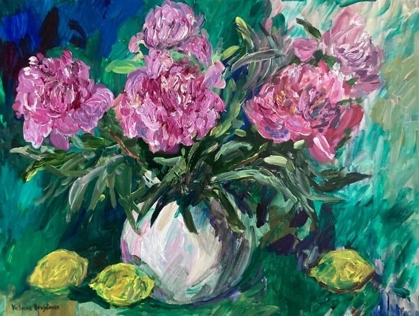 Still Life with Pink Peonies and Lemons<br>2026. 24&Prime;x18&Prime;. Acrylic on canvas