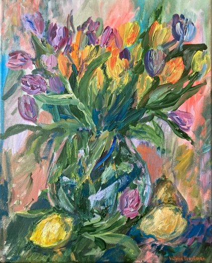 Still Life with Tulips and Fruit<br>2026. 16&Prime;x20&Prime;. Acrylic on canvas