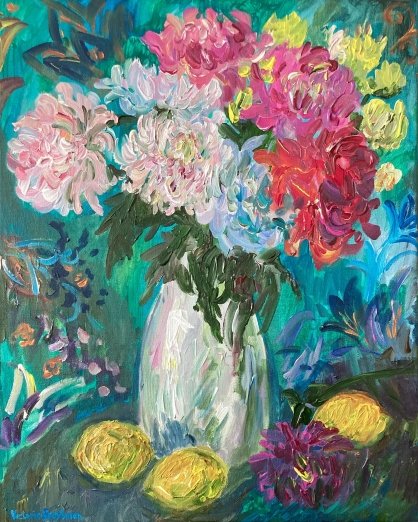 Still Life with Summer Flowers and Lemons<br>2026. 16&Prime;x20&Prime;. Acrylic on canvas