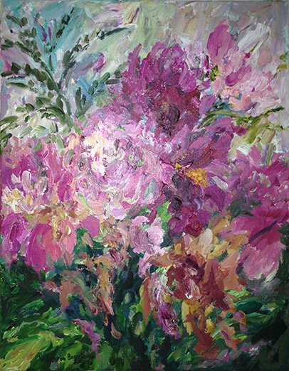 Peonies 2<br>2013. 14&Prime;x18&Prime;. Acrylic on canvas<br>In private collection