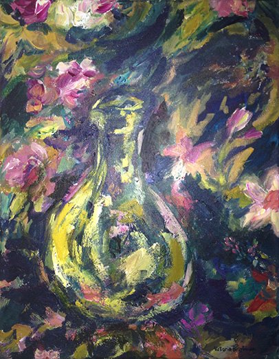 Bottle and ornament<br>2013. 14&Prime;x18&Prime;. Acrylic on canvas<br>In private collection