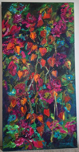 Winter Cherry. Russian Textile Ornament with Winter Cherries<br>2010. 18&Prime;x36&Prime;. Acrylic on canvas<br>In private collection