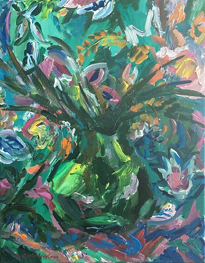 Green Vase in a Flower Whirl<br>2015. 14&Prime;x18&Prime;. Acrylic on canvas<br>In private collection
