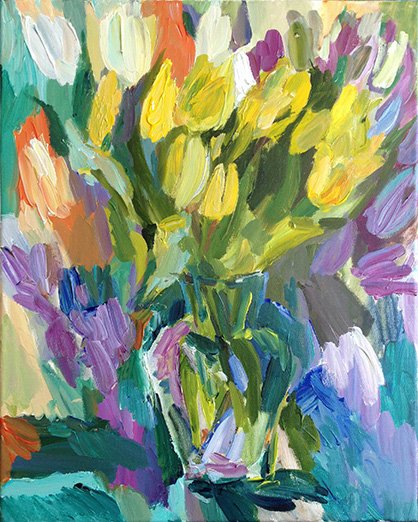 Yellow Tulips<br>2016. 16&Prime;x20&Prime;. Acrylic on canvas<br>In private collection