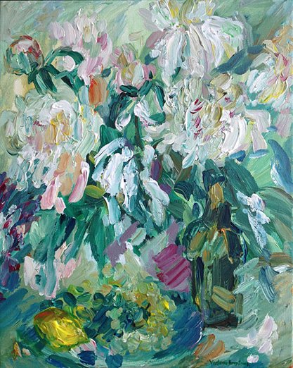 Still Life with Peonies and Lemon<br>2017. 16&Prime;x20&Prime;. Acrylic on canvas<br>In private collection