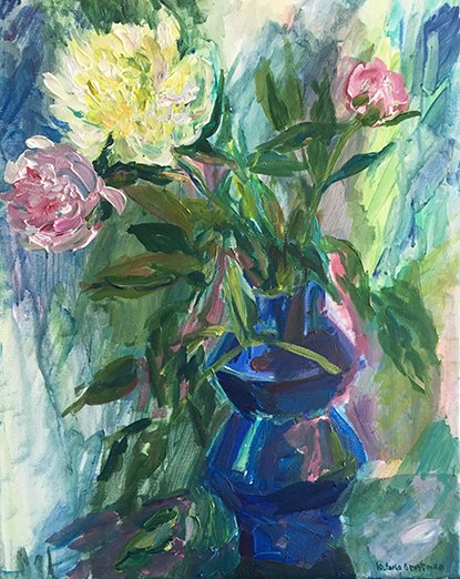 Peonies in a Blue Vase<br>2020. 16&Prime;x20&Prime;. Acrylic on canvas<br>In private collection