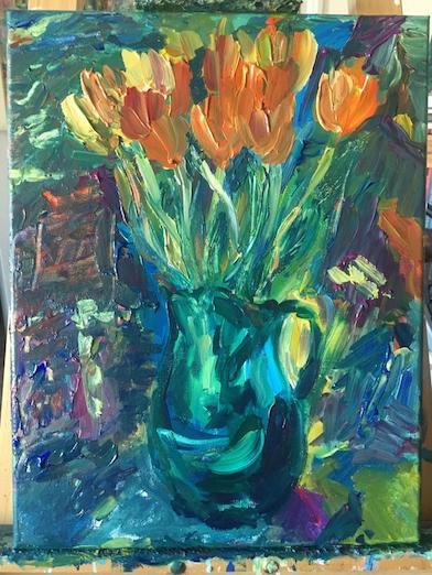 Tulips<br>2021. 14&Prime;x18&Prime;. Acrylic on canvas<br>In private collection