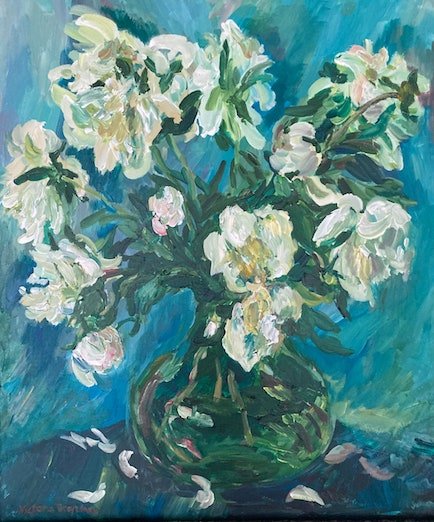 White Peonies in an Emerald Vase<br>2021. 20&Prime;x24&Prime;. Acrylic on canvas<br>In private collection