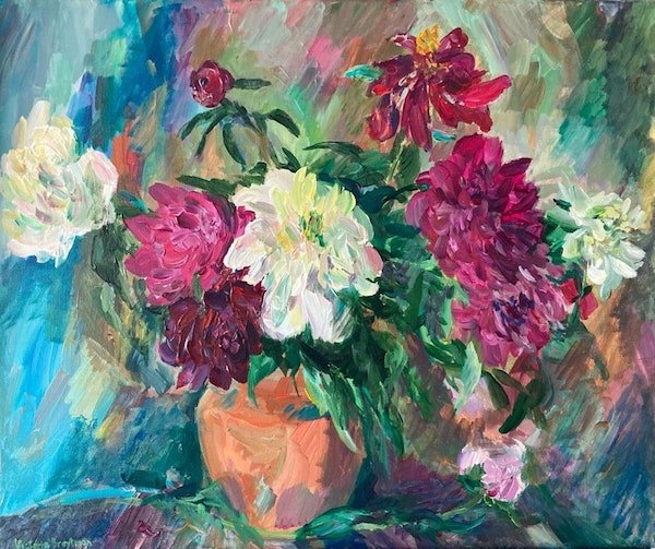 Peonies in a Terracotta Vase<br>2021. 24&Prime;x20&Prime;. Acrylic on canvas