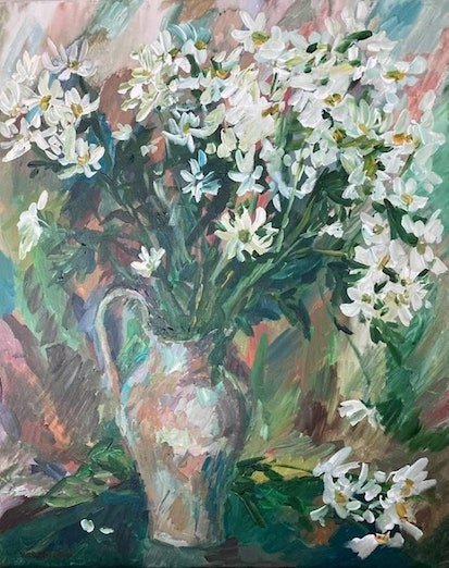 Jug of Daisies<br>2021. 24&Prime;x30&Prime;. Acrylic on canvas