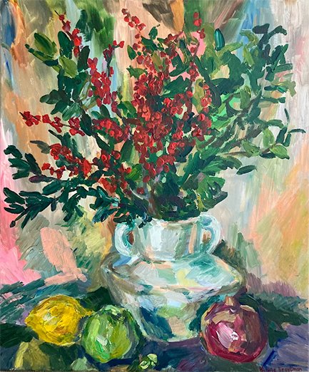 Christmas Still Life<br>2021. 20&Prime;x24&Prime;. Acrylic on canvas<br>In private collection