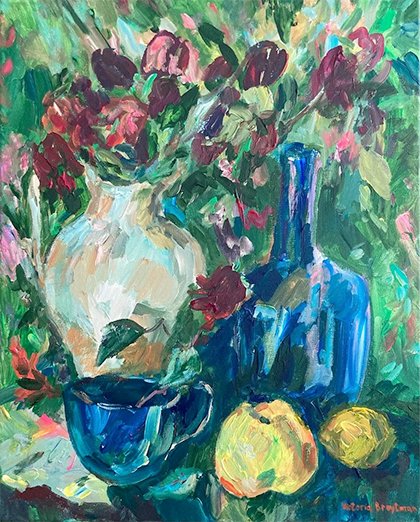 Still Life. Cobalt Blue and Dusty Terracotta<br>2022. 16&Prime;x20&Prime;. Acrylic on canvas