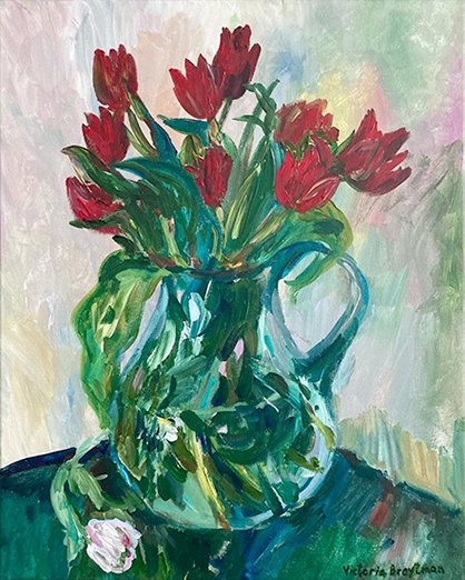 Scarlet Tulips<br>2022. 16&Prime;x20&Prime;. Acrylic on canvas<br>In private collection