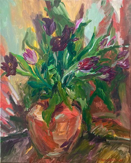Tulips in a Terracotta Vase<br>2022. 16&Prime;x20&Prime;. Acrylic on canvas