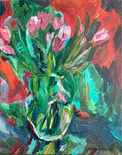 Pink Tulips in a Glass Vase<br>2022. 16&Prime;x20&Prime;. Acrylic on canvas